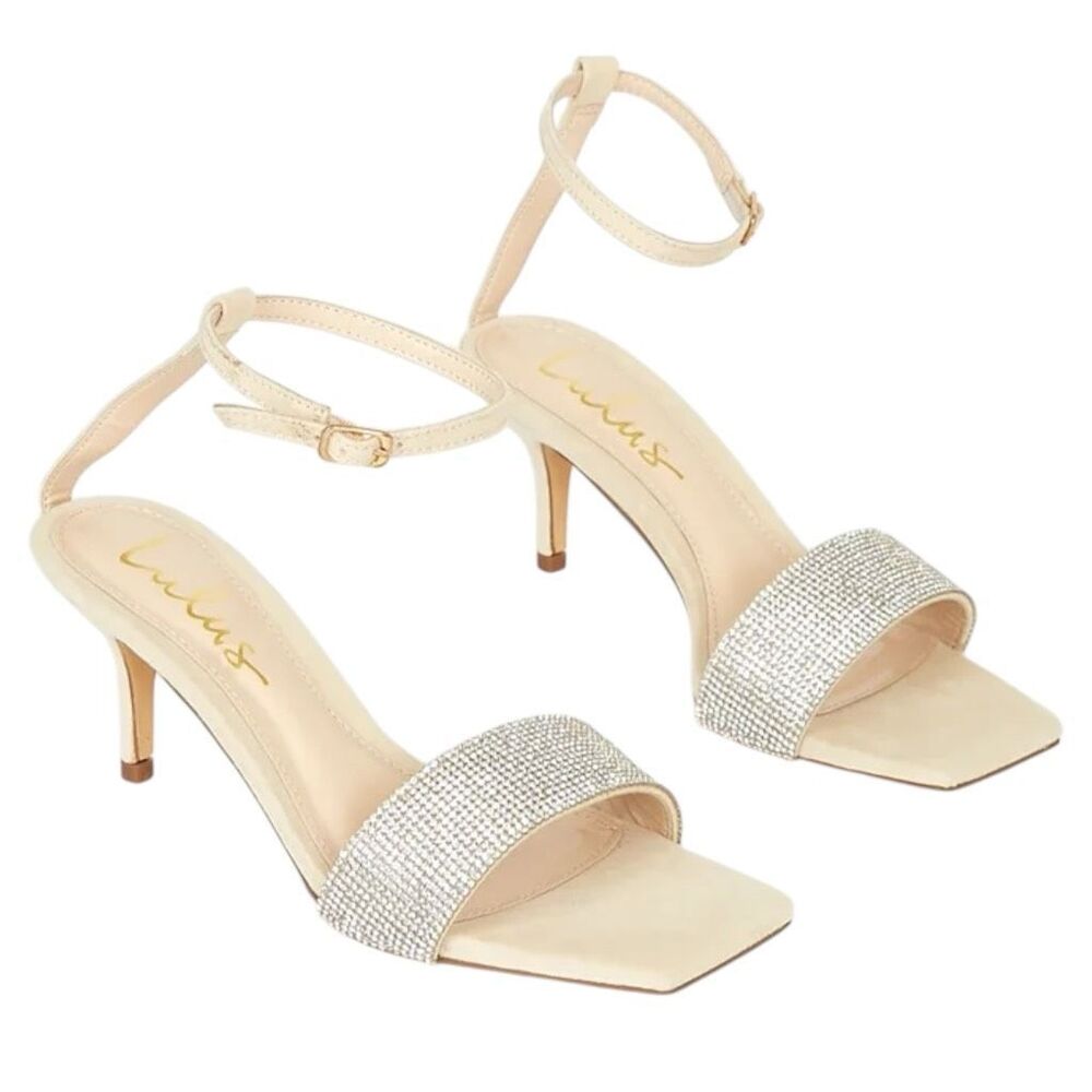 NEW Lulus Shylaa Nude Rhinestone Ankle Strap Heels Size 7 Square Toe